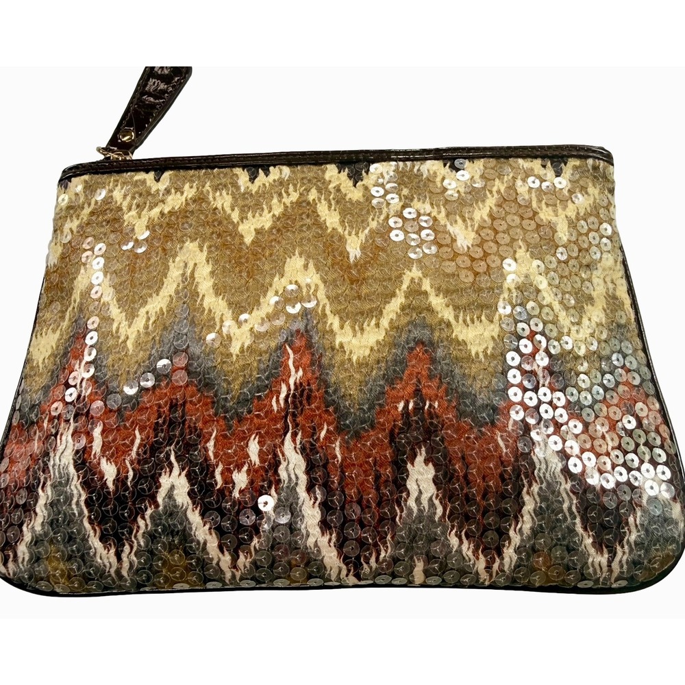 Sharif Sequin Wristlet‎ Clutch Boho Zig Zag Ikat Gold Brown Statement Bag